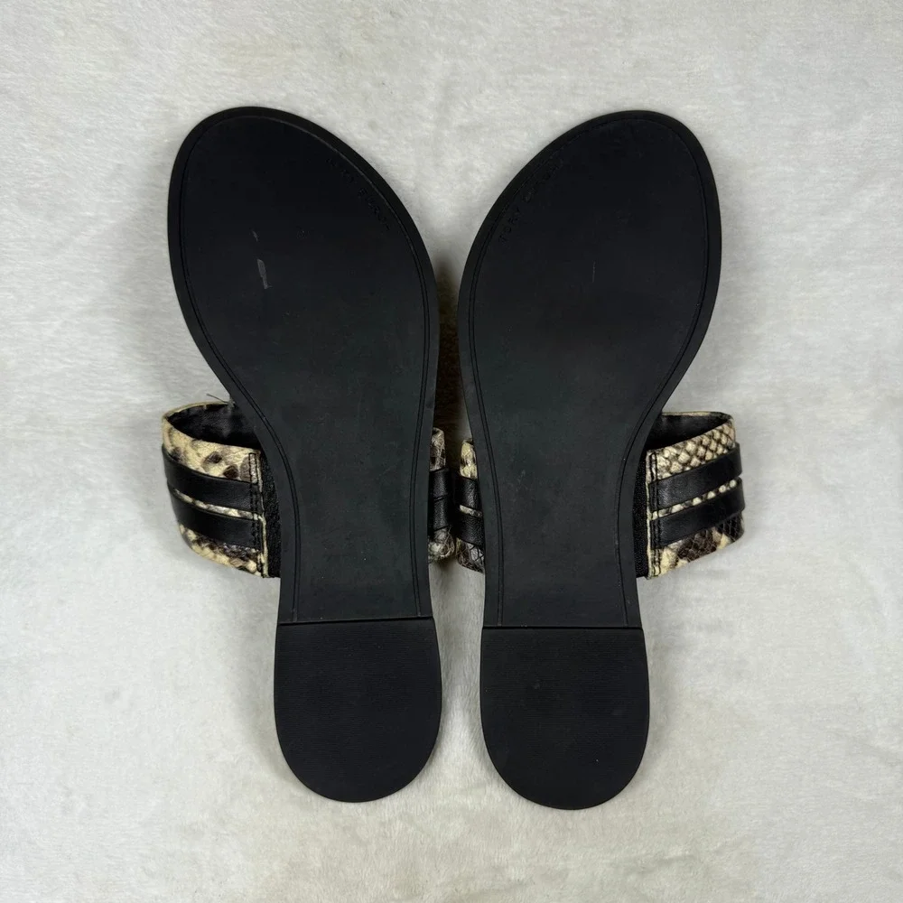 Tory Burch Miller Thong Sandals Snakeskin Print Leather Black Logo 9.5M 8099 C20
